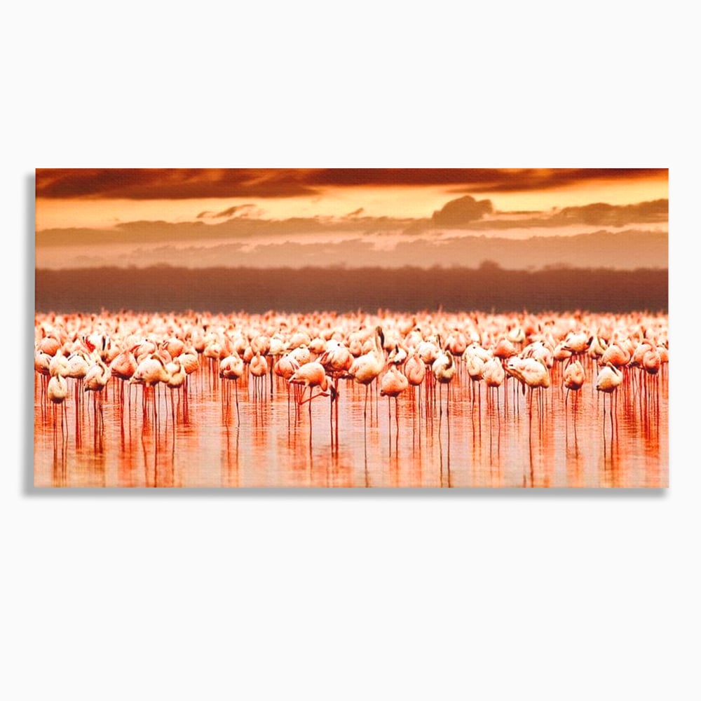 Tablou canvas cu tablou canvas cu stol de flamingo la apus, fara rama, pe sasiu de lemn